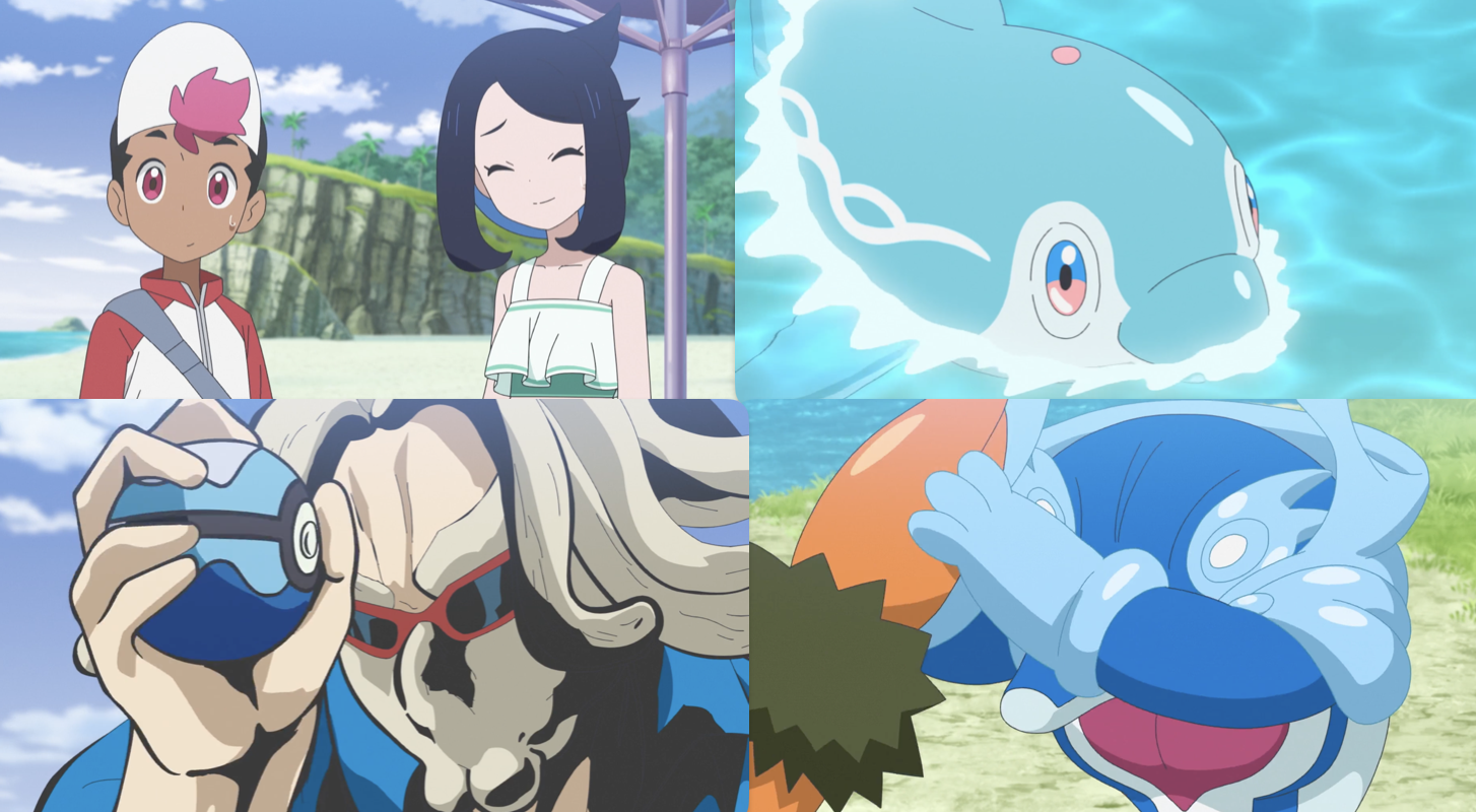 A collage of screenshots from this episode, showing Roy and Liko on the beach; Palafin; a buff Ludlow with a Dive Ball; and Palafin in its Hero Form