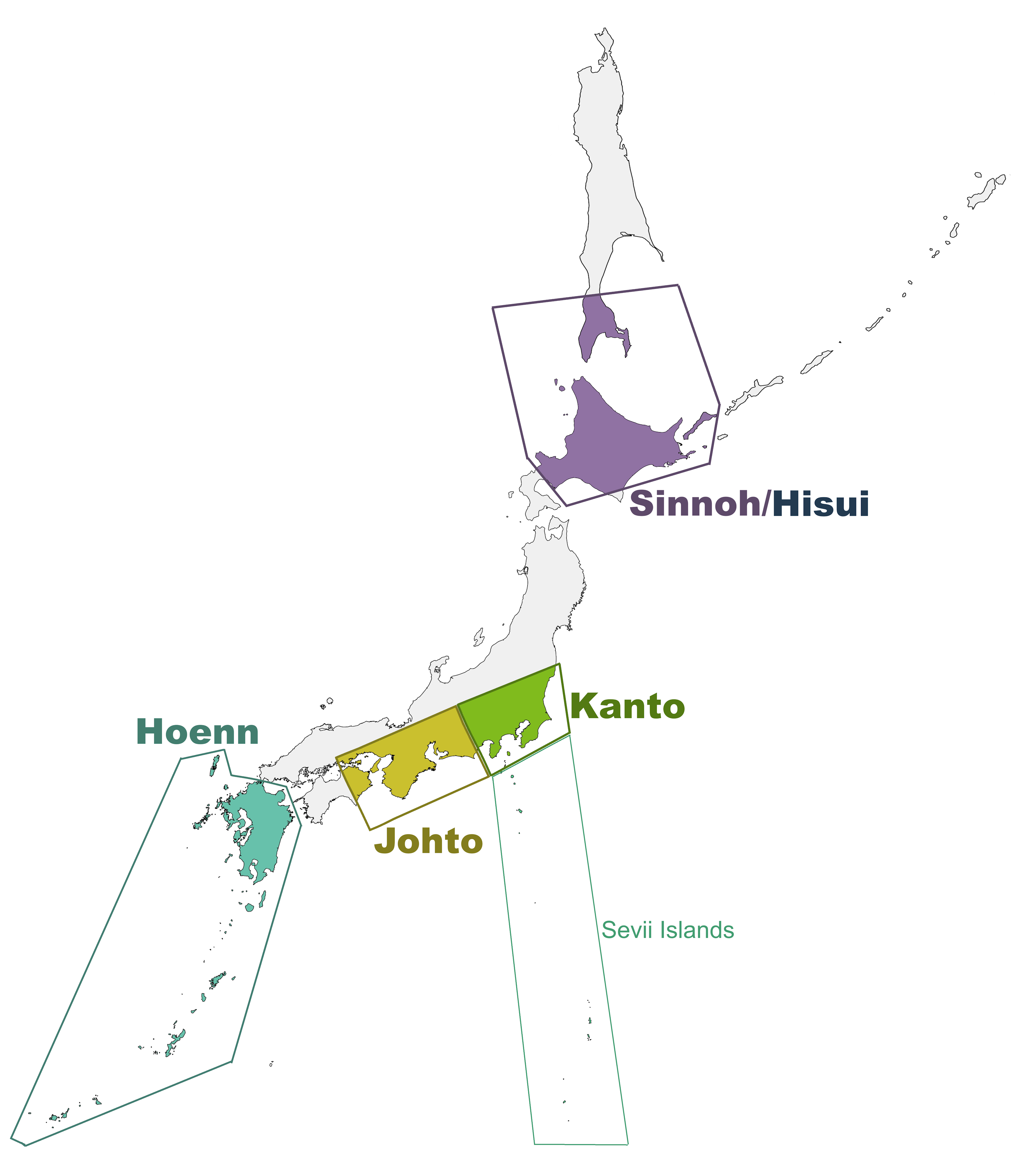 Pokémon regions in relation to Japan